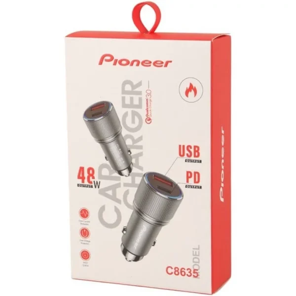 فندکی پایونیر مدل C8635 بدنه فلزی دو پورت سوپر فست 48W